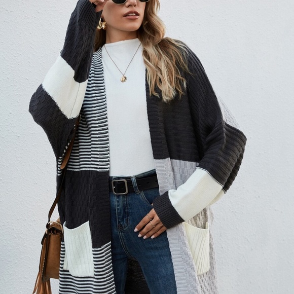 Oversized loose color block striped open cardigan - Picture 3 of 7